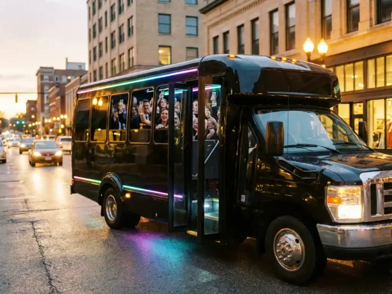 Luxe feestbus met LED-verlichting geparkeerd op stadsstraat tijdens gouden uur, passagiers vieren binnen