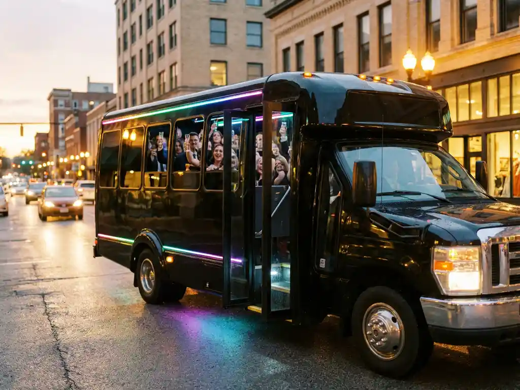 Luxe feestbus met LED-verlichting geparkeerd op stadsstraat tijdens gouden uur, passagiers vieren binnen