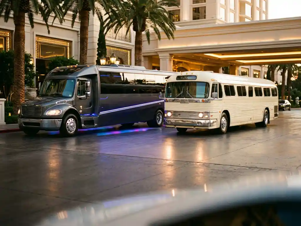 Moderne partybus en klassieke witte touringcar geparkeerd bij luxe hotel tijdens gouden uur met palmbomen op achtergrond