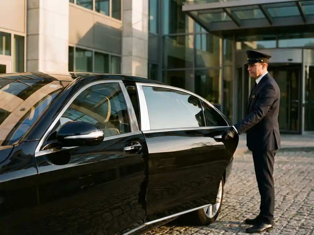 Luxe zwarte sedan met chauffeur die portier opent voor elegant bedrijfsgebouw tijdens gouden uur