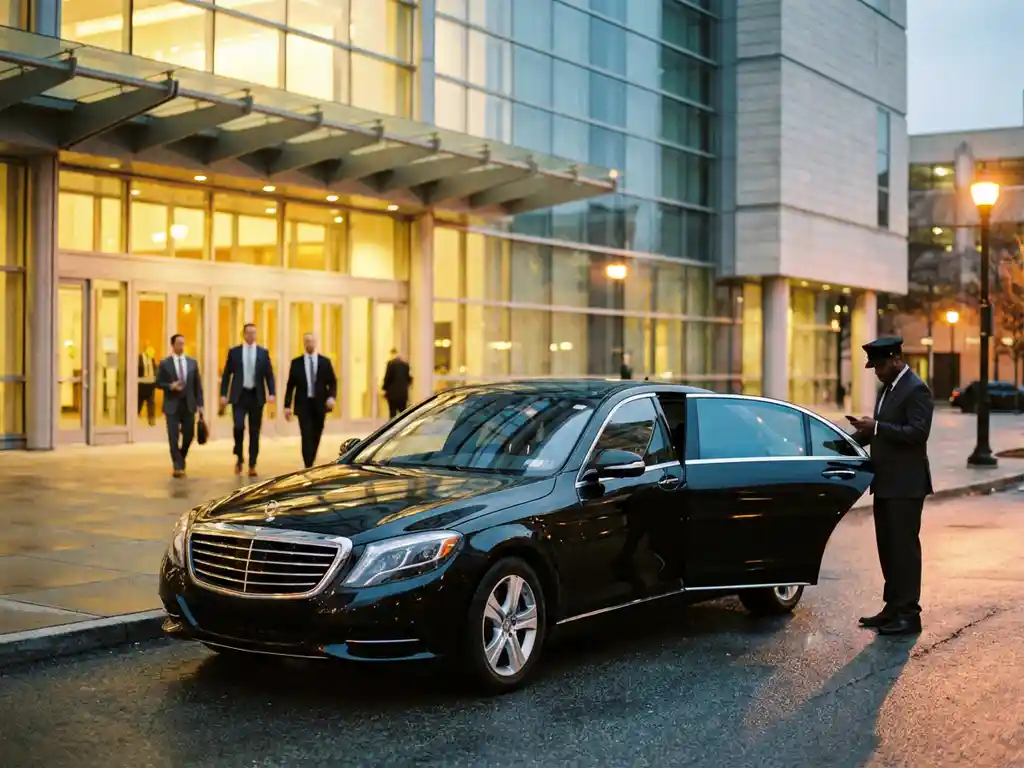 Zwarte luxe sedan met chauffeur wachtend voor modern glazen conferentiecentrum tijdens schemering