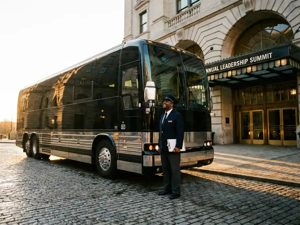 Professionele chauffeur in uniform naast moderne tourbus bij elegant evenementenlocatie tijdens gouden uur