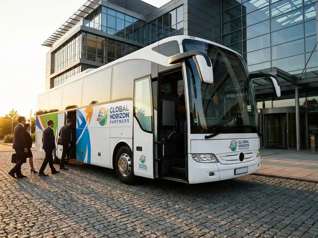 Luxe witte touringcar met bedrijfslogo's bij modern kantoorgebouw, zakenmensen stappen in tijdens gouden uurtje