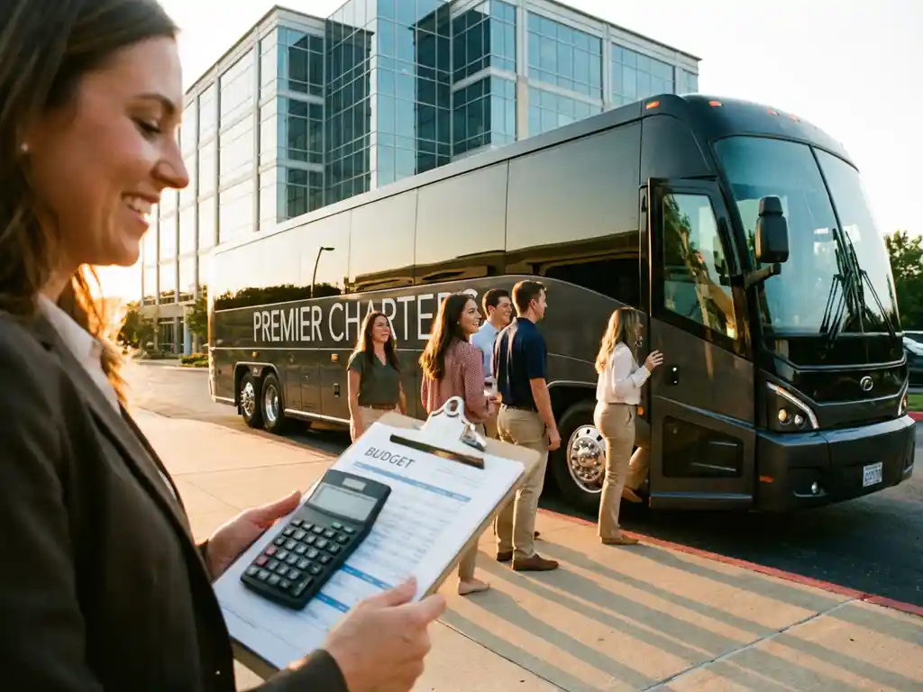 HR-manager met budgetdocumenten terwijl werknemers instappen in luxe charterbus bij modern kantoorgebouw