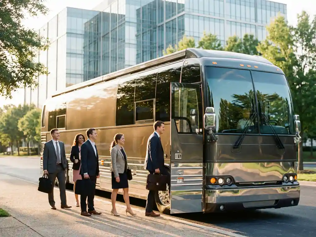 Luxe charterbus voor kantoorgebouw met instappende zakenmensen in professionele kleding tijdens gouden uurtje