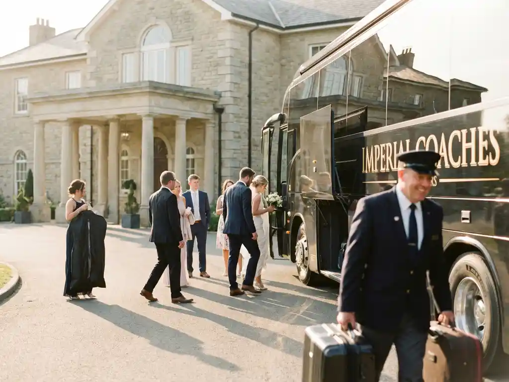 Luxe tourbus met chauffeur die bruiloftsgasten helpt instappen bij elegant evenementenlocatie tijdens gouden uur