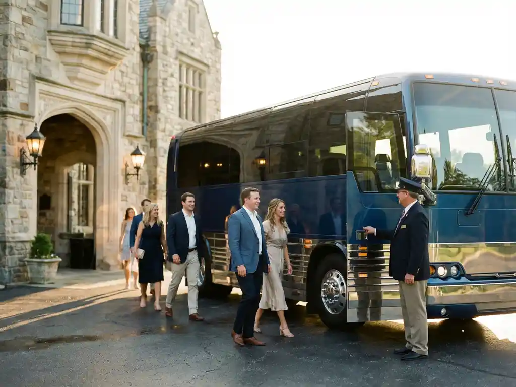 Luxe touringcar met chromen details bij elegant evenement, goed geklede gasten stappen uit met chauffeur assistentie