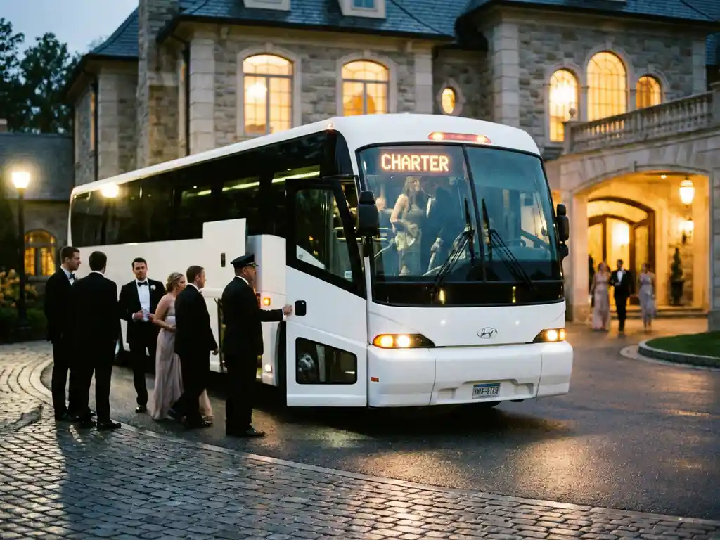 Witte touringcar geparkeerd voor verlicht evenementenlocatie met elegante gasten in avondkleding die instappen