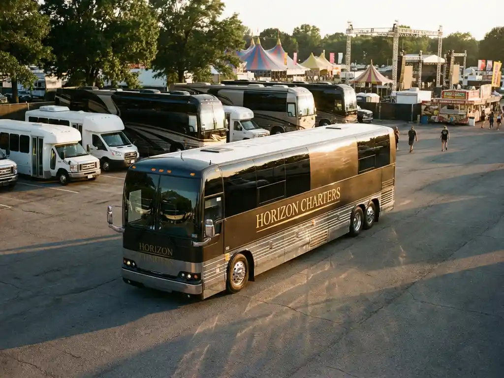 Moderne touringcar geparkeerd bij evenemententerrein met festivalgangers en kleurrijke tenten op de achtergrond