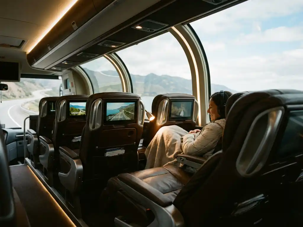 Luxe touringcar interieur met leren stoelen, entertainment schermen en passagier die geniet van comfort tijdens reis