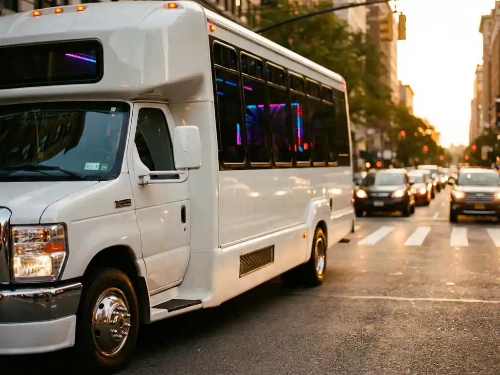 Luxe witte partybus geparkeerd op stadsstraat tijdens gouden uur met LED-verlichting en stedelijke achtergrond