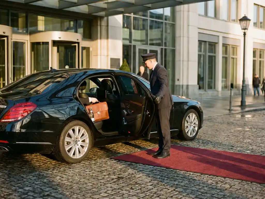 Luxe zwarte sedan met chauffeur die portier opent voor zakelijke passagier bij elegant kantoorgebouw