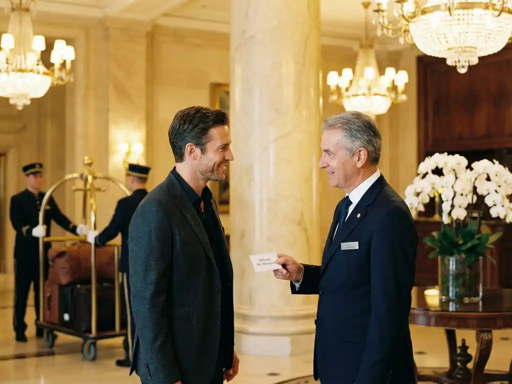 Hotelconcierge in marineblauw uniform verwelkomt gast met persoonlijke kaart in luxe marmeren lobby met gouden kroonluchters