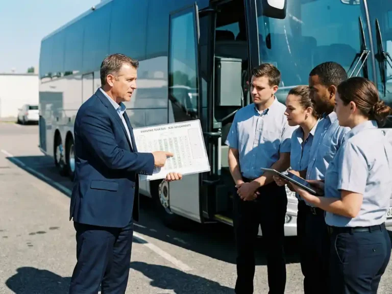 Manager toont busplattegrond aan medewerkers naast moderne touringcar tijdens professionele briefing