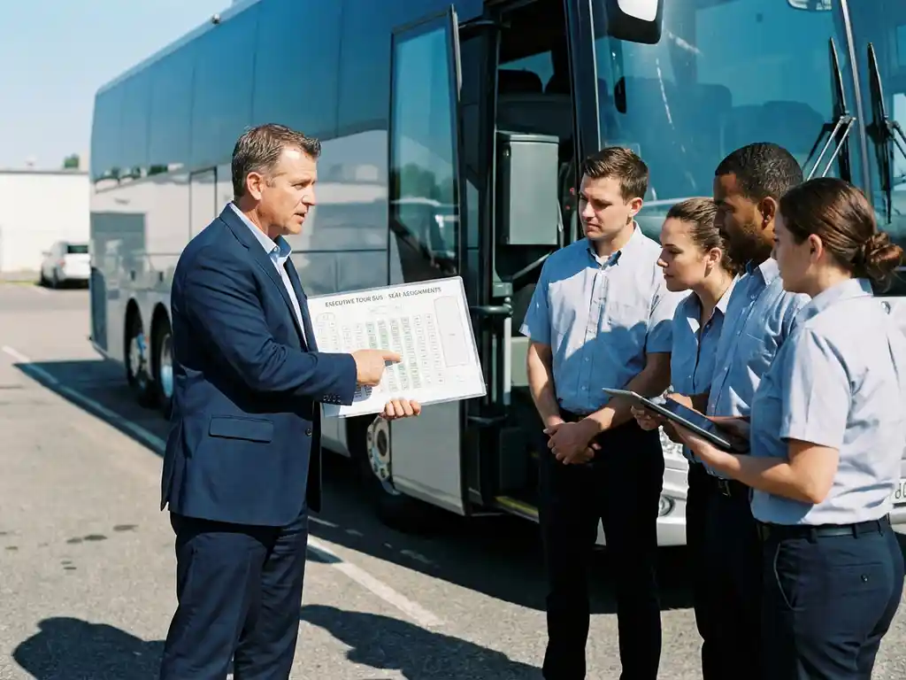Manager toont busplattegrond aan medewerkers naast moderne touringcar tijdens professionele briefing