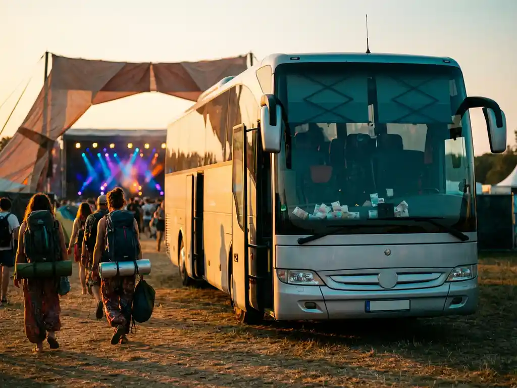 Moderne touringcar bij muziekfestival ingang met festivalgangers en kleurrijke podiumverlichting op de achtergrond