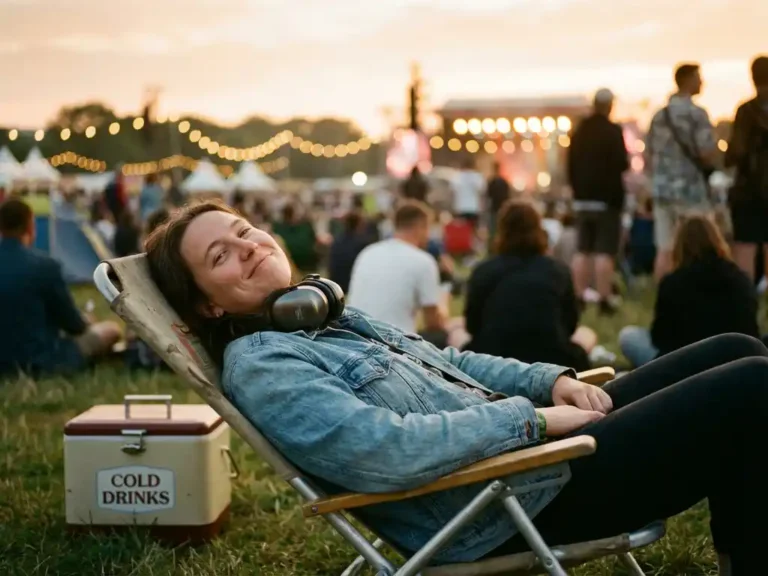Persoon ontspant in campingstoel op muziekfestival met koptelefoon en koelbox, podiumverlichting op achtergrond
