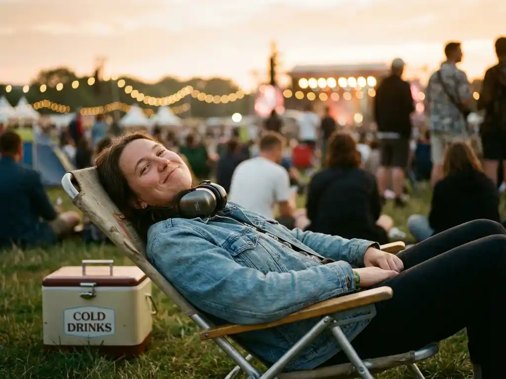 Persoon ontspant in campingstoel op muziekfestival met koptelefoon en koelbox, podiumverlichting op achtergrond