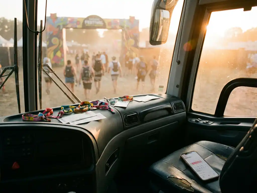 Tourbus geparkeerd bij muziekfestival ingang met kleurrijke polsbandjes op dashboard en festivalgangers op achtergrond