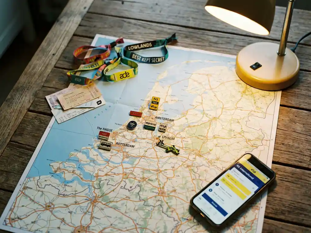 Kaart van Nederland op houten tafel met festival polsbandjes, busroute markers bij steden en smartphone met reis-app
