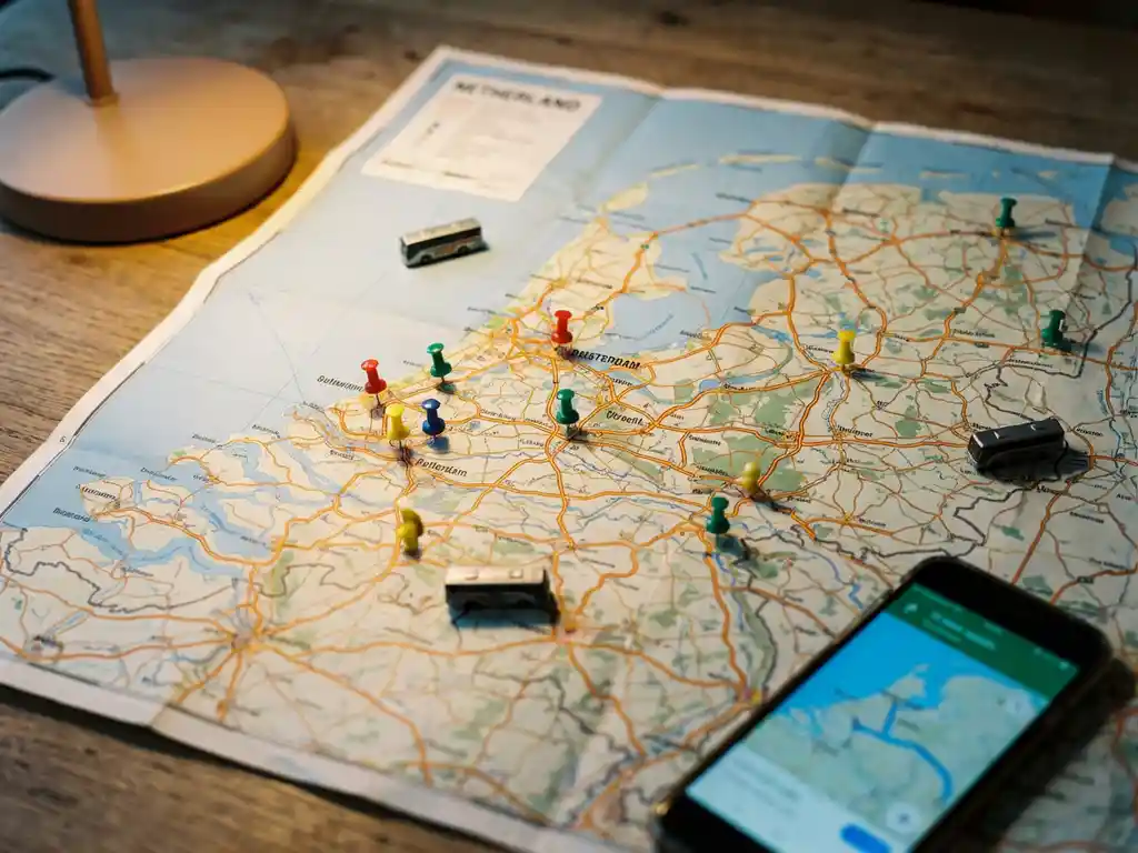 Wegenkaart van Nederland op houten tafel met gekleurde pinnen, miniatuur touringcars en smartphone met route-app