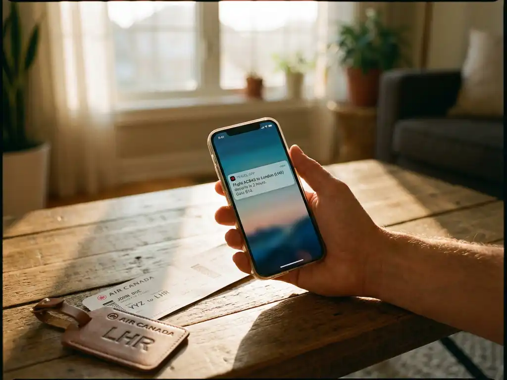 Hand houdt smartphone met reisapp-melding over vertrektijden, instapkaart en bagagelabel op houten tafel in zonlicht