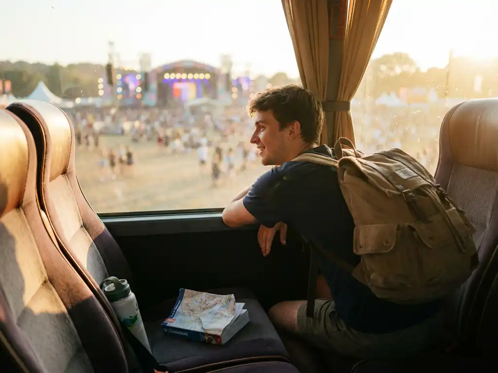 Jonge reiziger met rugzak kijkt vanuit tourbus naar verlicht festivalterrein tijdens gouden uur