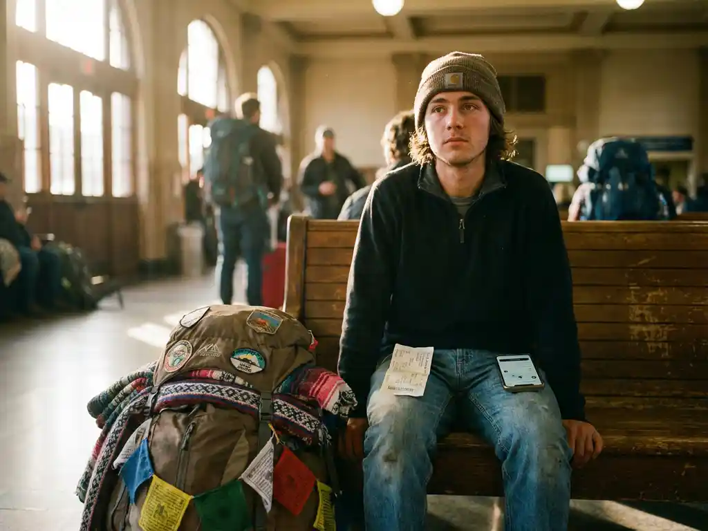Jonge backpacker zit peinzend op bankje in treinstation met rugzak en smartphone, gouden licht door ramen