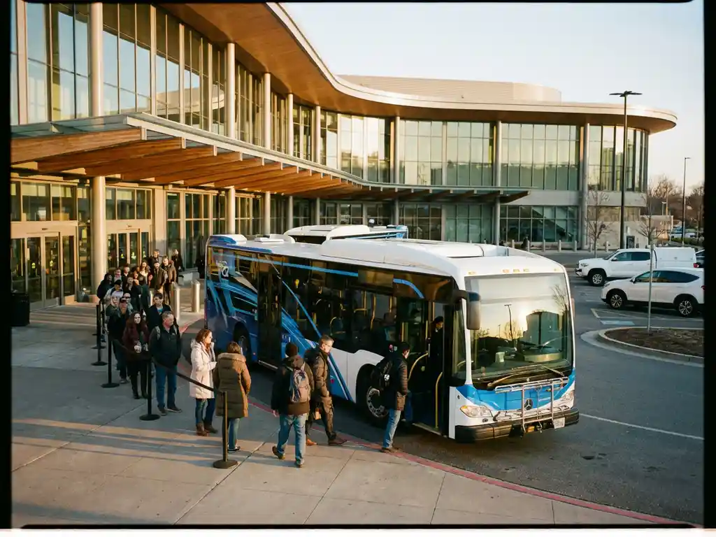 Moderne shuttlebus met wit-blauwe livery bij drukke evenementenlocatie met passagiers die uitstappen en wachtende rij