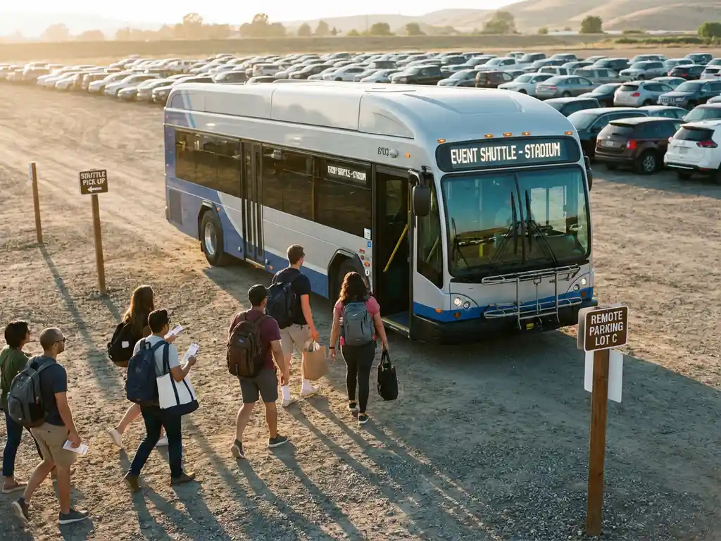 Moderne shuttlebus haalt passagiers op bij parkeerplaats met auto's op achtergrond tijdens gouden uur