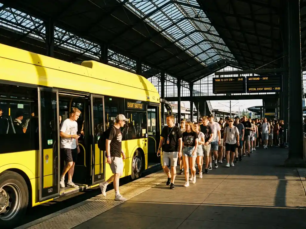 Gele shuttlebus opent deuren bij druk treinstation met wachtende festivalbezoekers in georganiseerde rij tijdens gouden uur