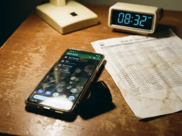 Smartphone met bus-tracking app op houten bureau naast gedrukt busrooster en digitale klok in kantooromgeving