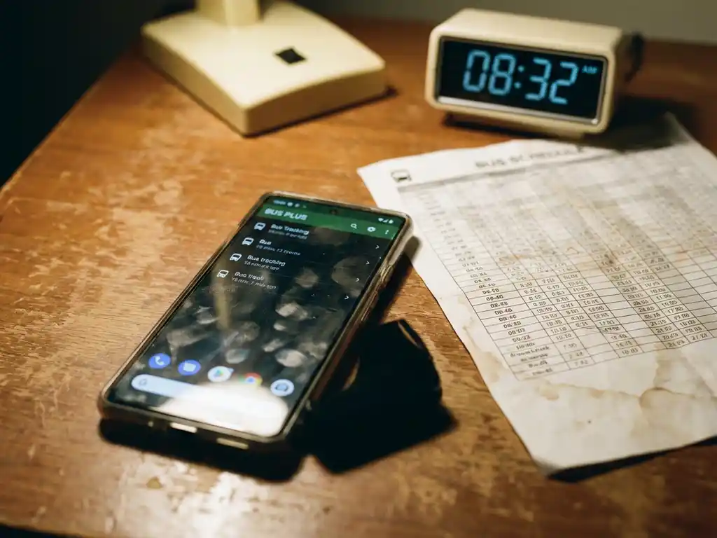 Smartphone met bus-tracking app op houten bureau naast gedrukt busrooster en digitale klok in kantooromgeving