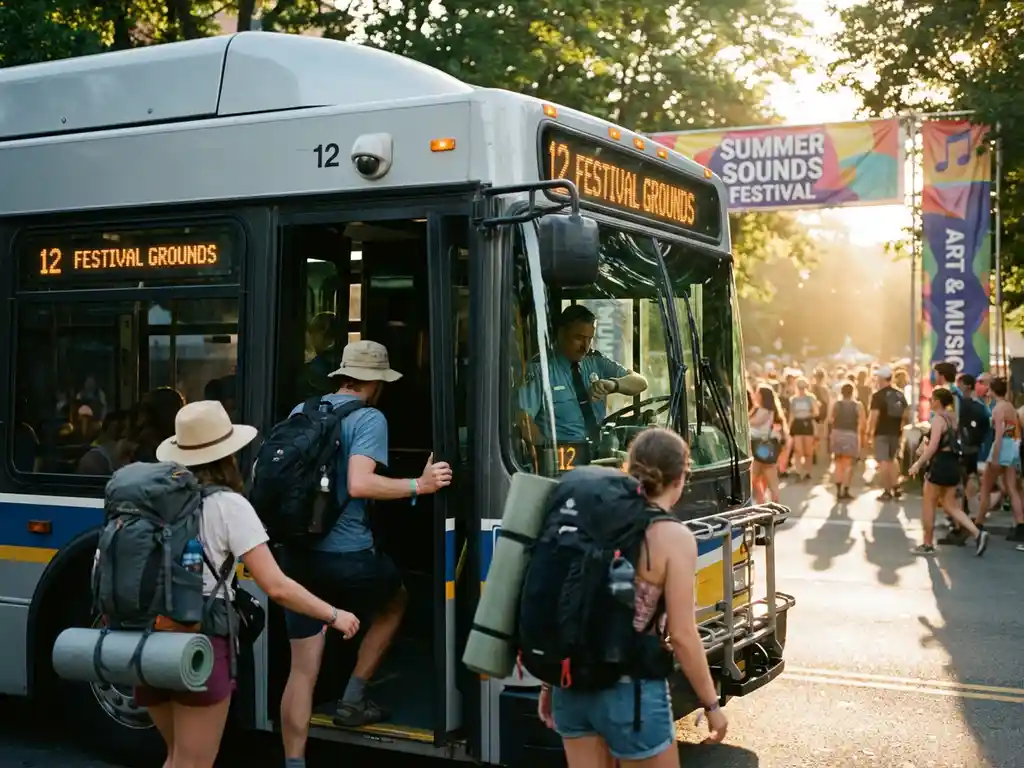 Stadsbus stopt bij festival ingang met kleurrijke banners, passagiers stappen uit met rugzakken in gouden namiddaglicht
