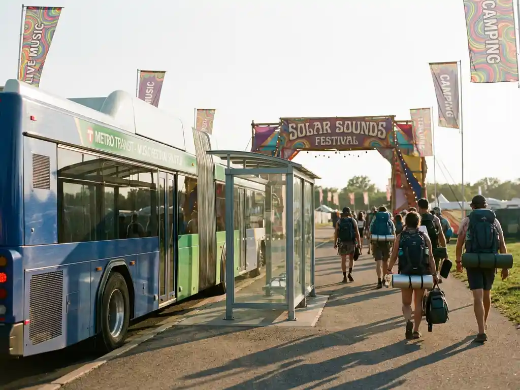Stadsbus bij halte met festivalgangers die naar kleurrijke muziekfestival ingang lopen tijdens gouden uur