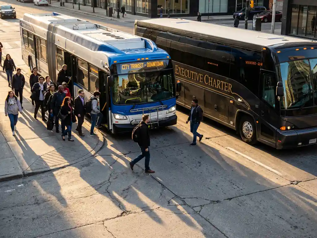 Moderne openbare bus met instappende passagiers en privé touringcar op drukke stadshalte in middagzon