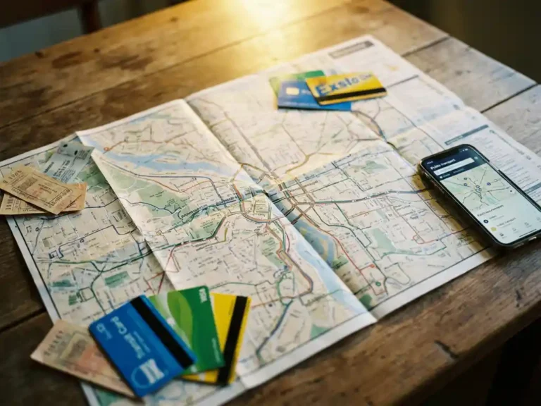 Stadsbus routekaart op tafel met gekleurde OV-chipkaarten en smartphone met openbaar vervoer app