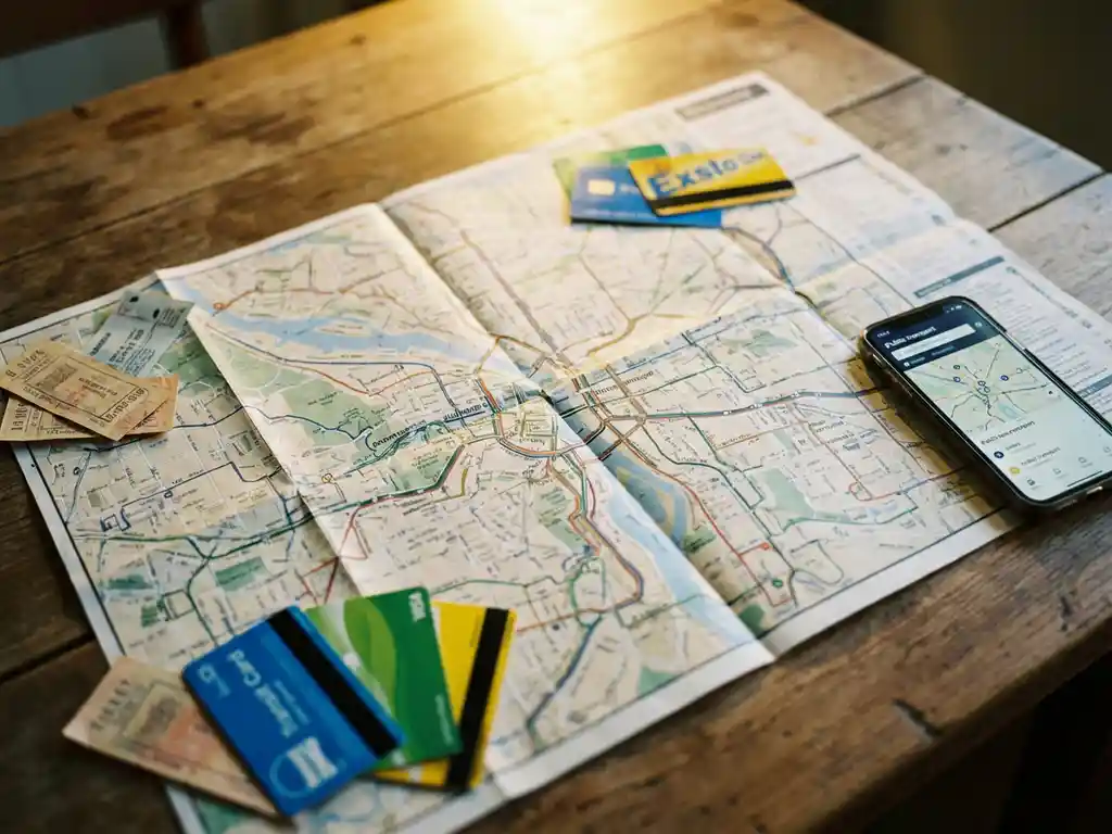 Stadsbus routekaart op tafel met gekleurde OV-chipkaarten en smartphone met openbaar vervoer app