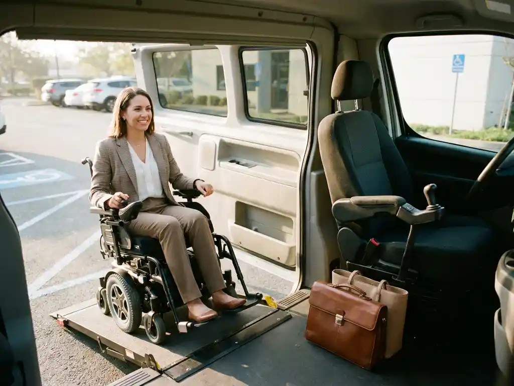 Professionele vrouw in rolstoel gebruikt geautomatiseerde oprit om toegankelijke bedrijfsbus te betreden op kantoorparkeerplaats