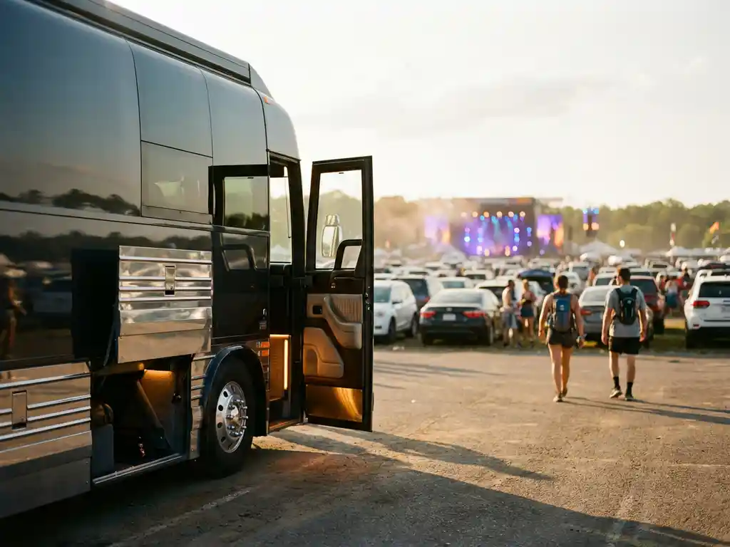 Luxe tourbus met open deur geparkeerd voor drukke festivalparkeerplaats tijdens gouden uur, festivalgangers lopen naar podium