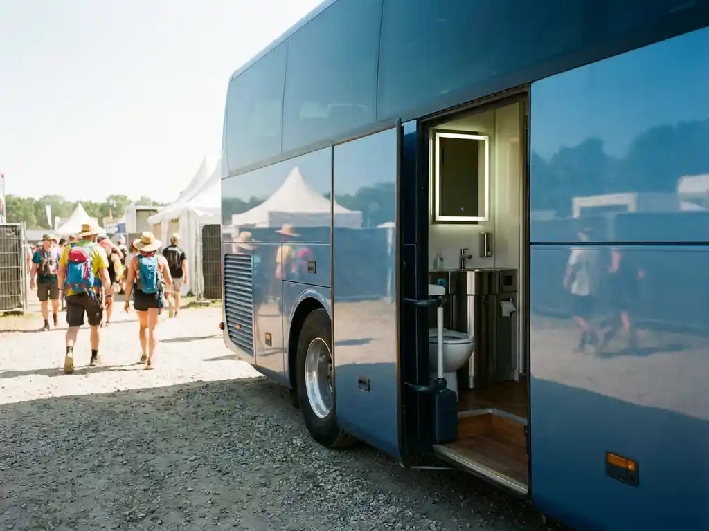 Moderne tourbus met open deur toont compacte toiletfaciliteit, festivalgangers lopen voorbij bij festivalingang