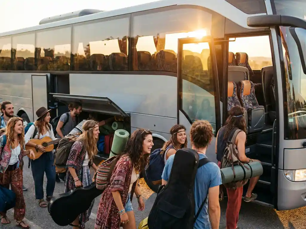 Moderne tourbus met diverse festivalgangers die instappen met rugzakken en muziekinstrumenten tijdens gouden uur