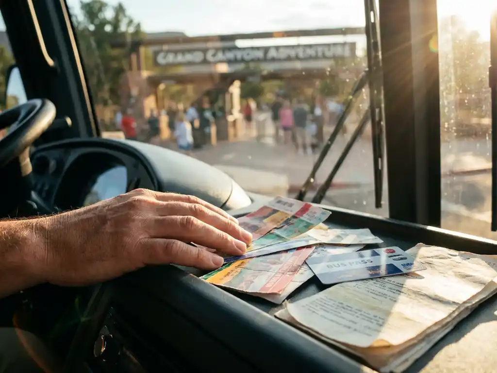 Toeristenhand pakt buskaartje en toegangstickets van dashboard van tourbus bij attractie-ingang in zonlicht