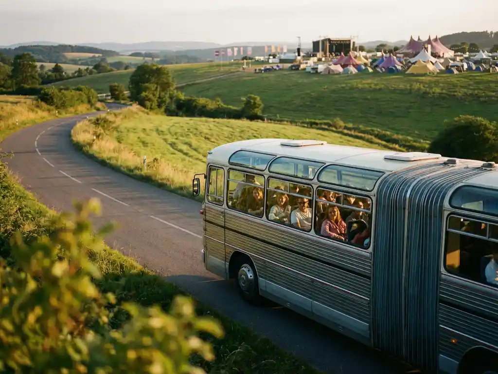 Tourbus rijdt over landelijke weg naar festival met kleurrijke tenten, passagiers genieten van het uitzicht door ramen