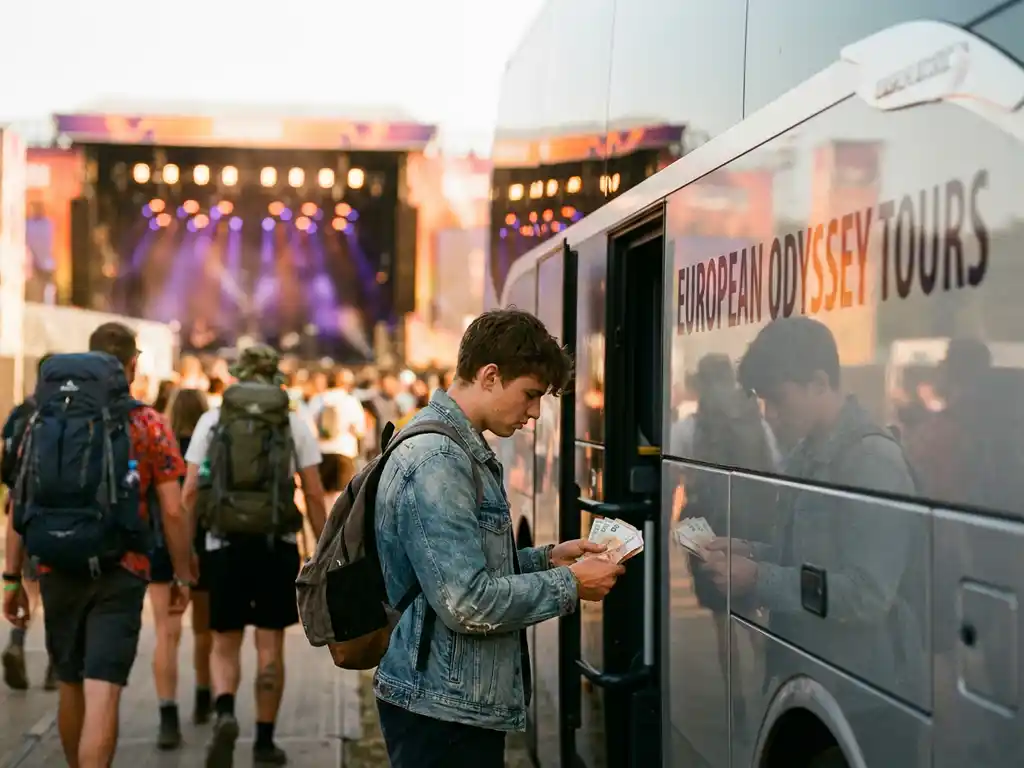 Jonge reiziger telt eurobiljetten bij tourbus op muziekfestival met kleurrijke podiumverlichting op achtergrond