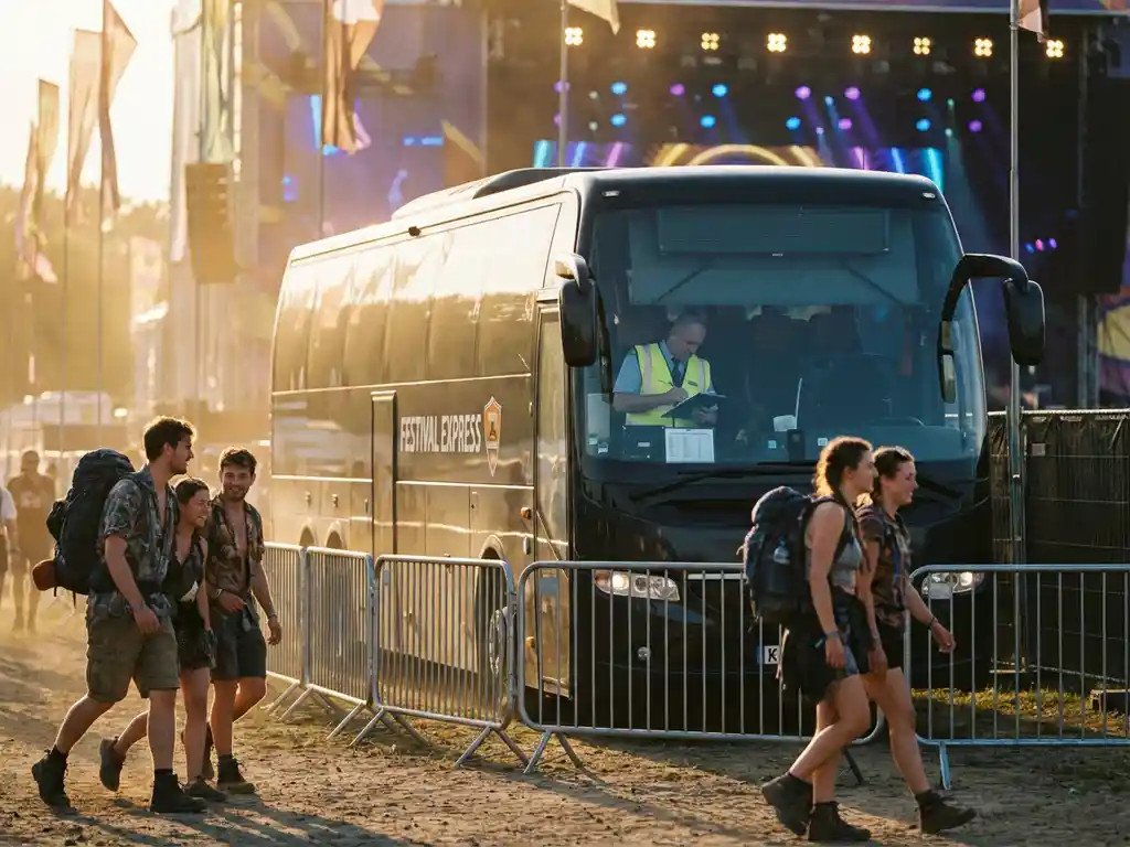 Moderne tourbus bij muziekfestival ingang met festivalgangers die veilig naar de bus lopen tijdens gouden uur verlichting