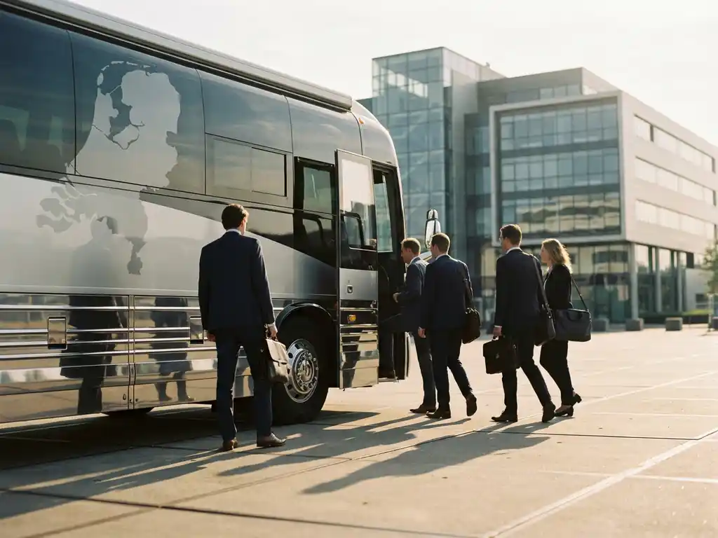 Moderne tourbus met Nederlandse kaart waar zakenmensen in pakken instappen voor kantoorgebouw in Amsterdam