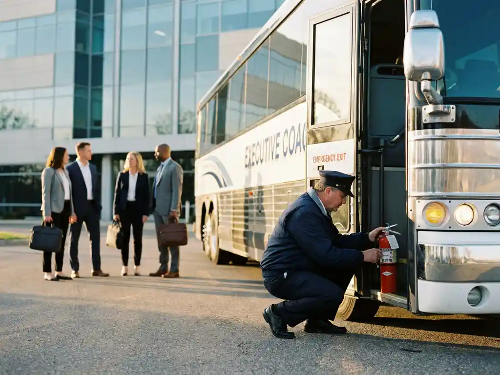 Professionele buschauffeur voert veiligheidsinspectie uit op moderne touringcar terwijl zakenmensen wachten