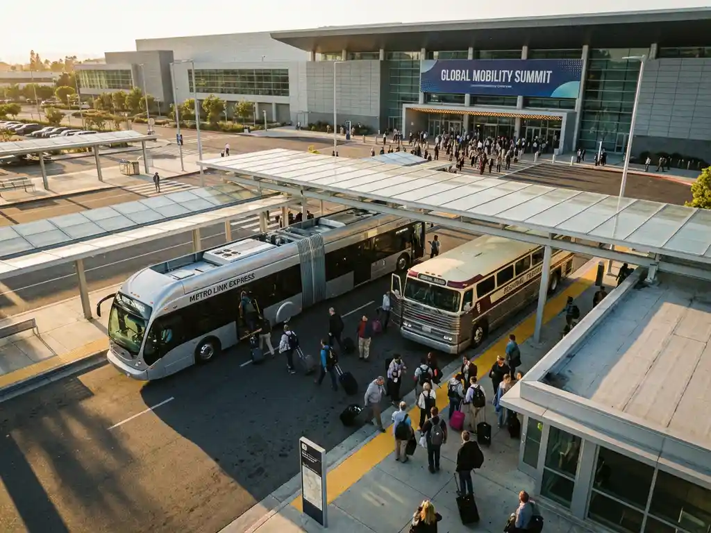 Moderne shuttlebus en intercity bus bij georganiseerde opstapzone met overstappende passagiers bij evenementenlocatie