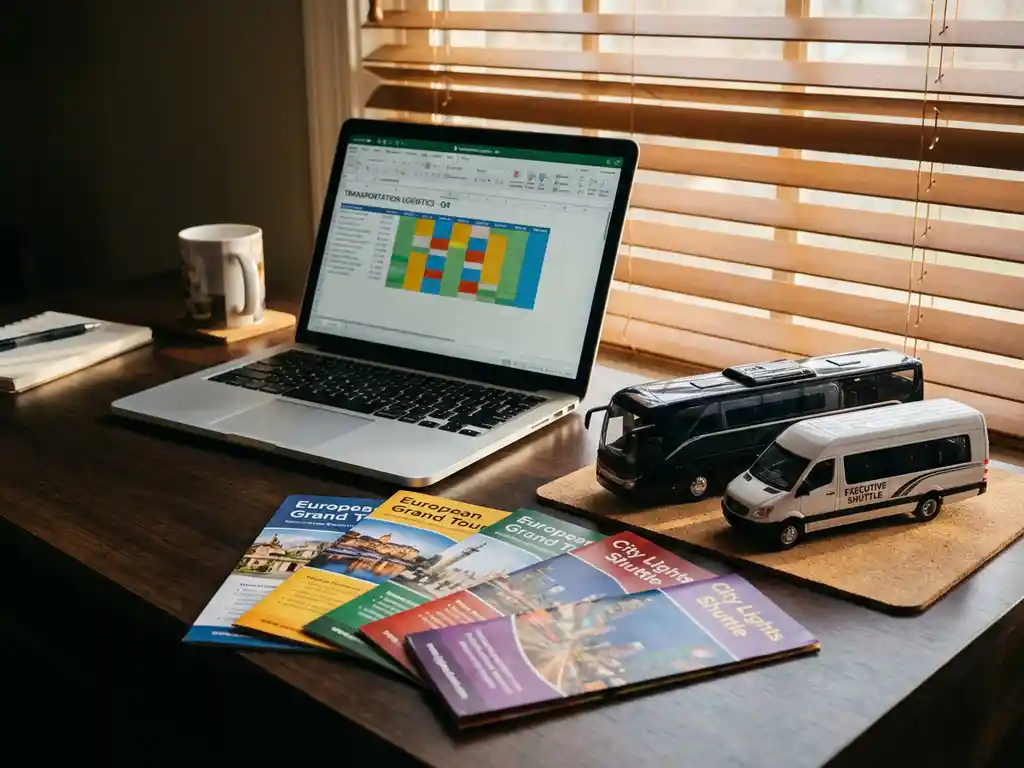 Laptop met transportlogistiek en miniatuur touringcar en shuttle busje op bureau van evenementencoördinator